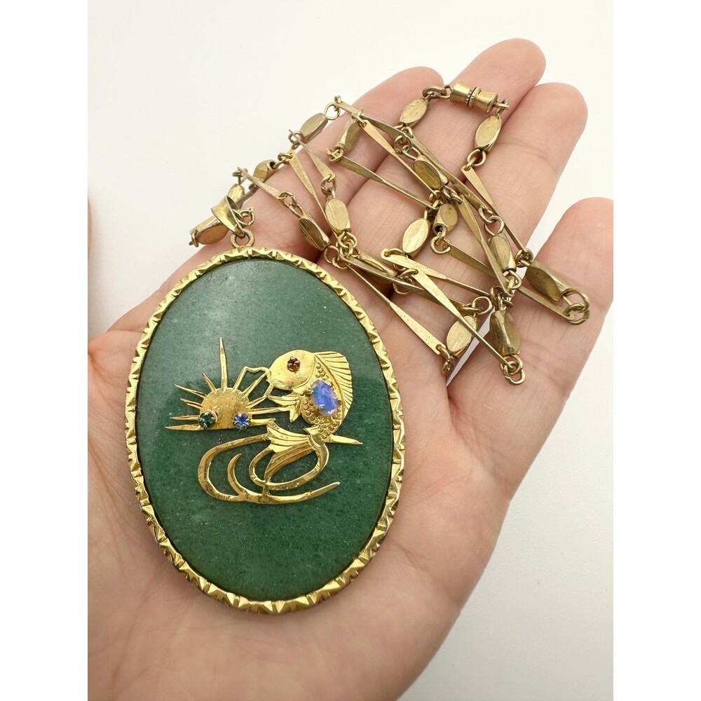 Vintage gold tone jade Chinese longevity opal fish reversible pendant Necklace